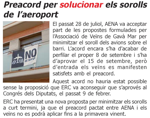 Noticia publicada en L'ERAMPRUNYÀ (Número 25 - Septiembre de 2005) sobre el pre-acuerdo de AENA para asumir las propuestas de la AVV de Gavà Mar y del Ayuntamiento de Gavà